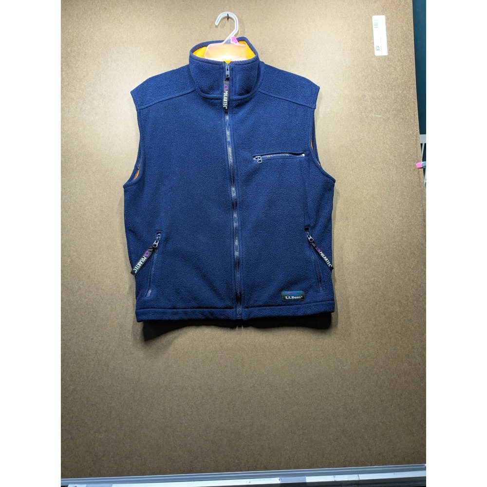 LL Bean Polartec Windbloc Fleece Vest Navy Blue Yellow Mens Small Full Zip